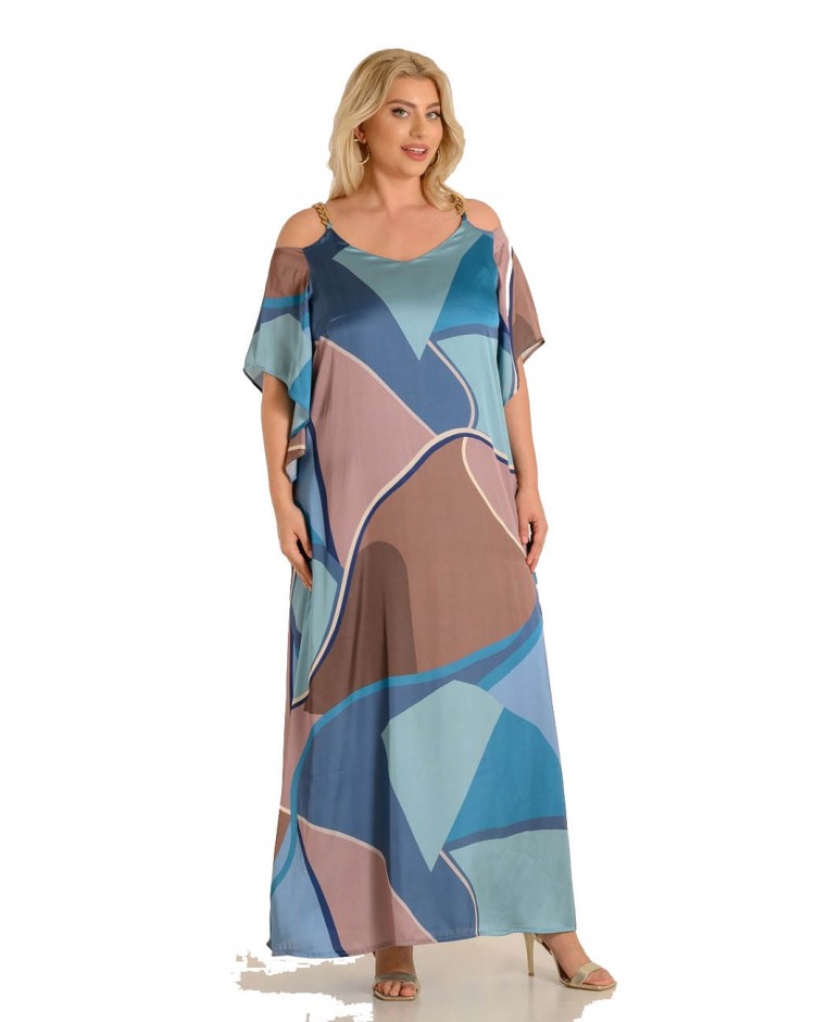 Φόρεμα σατέν με χρυσές τιράντες και γεωμετρικά μοτίβα plus size 3253