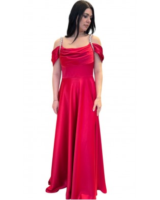 Φόρεμα maxi σατέν με πέτρες τύπου swarovski στις τιράντες G-2540